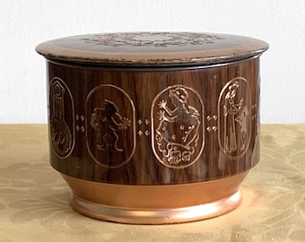 Retro West Germany copper color biscuit tin, faux wood & embossed fairy tale motif