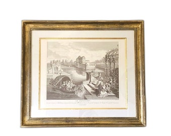 Antique etching after Jean-Antoine Watteau "LE PRINTEMPS" engraving, Brillon Sculp litho print, matted in gold wood frame