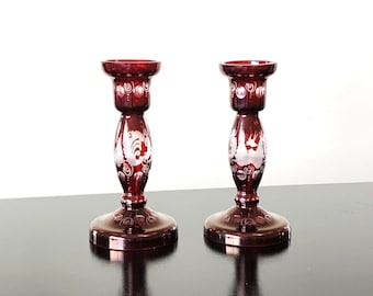 Egermann ruby red cut to clear glass candlesticks, pair vintage Czechoslovakian crystal candle holders, Bohemian glassware