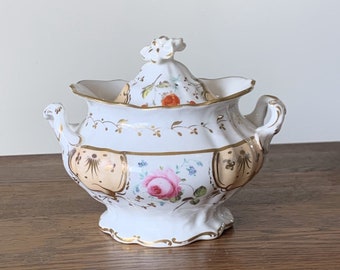 Ironstone covered sugar bowl, pink rose floral pattern with gold trim & peach medallions