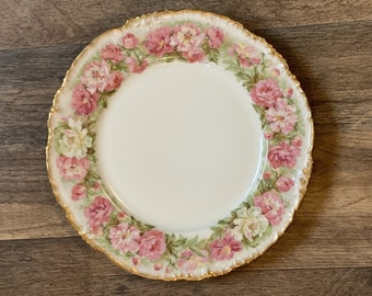 Jean Pouyat Limoges dinner plate, pink & white flowers