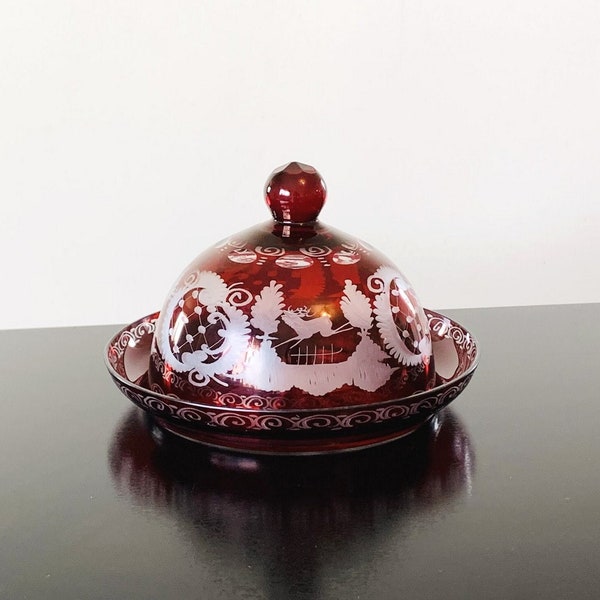 Egermann ruby red cut to clear glass cheese dome, vintage Czechoslovakian crystal covered butter dish, Bohemian glassware