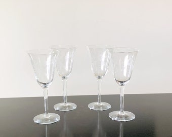 Crystal water or wine glasses w/ flared rim, set of 4, vintage floral etched stemware