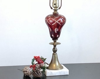 Ruby red glass & brass electric lamp