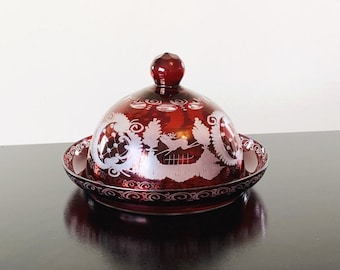 Egermann ruby red cut to clear glass cheese dome, vintage Czechoslovakian crystal covered butter dish, Bohemian glassware
