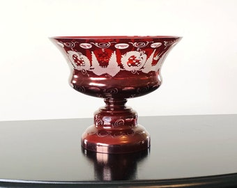 Egermann ruby red cut glass compote, vintage Czechoslovakian crystal pedestal bowl, Bohemian glassware