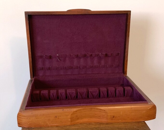 Dovetail Wood Silverware Chest, Vintage Flatware Storage Box, Plum Felt