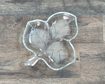 Leaf shaped clear glass divided nut or candy dish, vintage serving tray