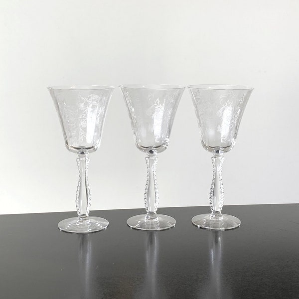 Fostoria Heather water glasses, set of 3, vintage etched crystal stemware