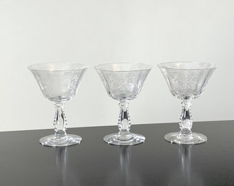 Fostoria Heather champagne stems, set of 3, low sherbet glasses