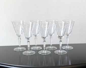 Crystal water or wine glasses, set of 7, vintage etched floral stemware