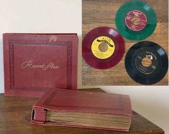 RCA Victor 45 RPM records in leather cases, set of 30, red green & black vinyl albums, religious music, Christian songs