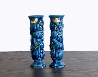 Pair Inarco Mood Indigo vases, retro ceramic home decor, original labels