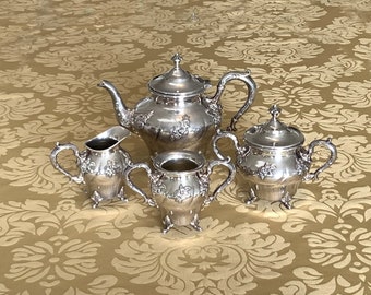 Victor Silver quadruple plate tea set, antique silverplate chased rose pattern