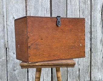 Primitive large wood storage bin or tool box w/ iron hardware, 20" x 11", vintage handcrafted oversized wooden container