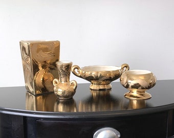 MCM Swetye pottery gold vases, set of 4, vintage 1950's mid mod home decor