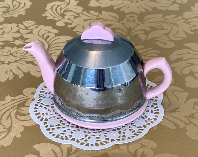 Mid Mod Pink Ceramic Teapot With Aluminum Cozy, Made in England, Vintage Small Tea Pot, Kitsch