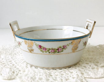 Vintage Nippon bowl pink roses & gold trim, double handled serving dish