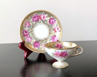 Vintage porcelain demitasse cup & saucer, moriage gold w/ pink red roses