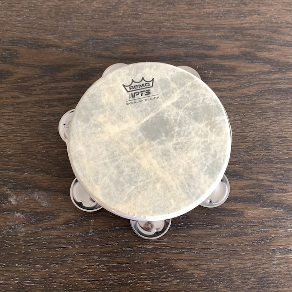 Vintage Remo PTS child's tambourine 6", 1980's pat 4416181, hand drum w/ symbols, percussion instrument