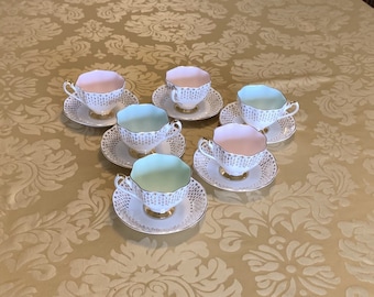Queen Anne teacups & saucers, set of 6, Gold Tear Drops, pastel pink, blue, mint green, 1950s tea cups