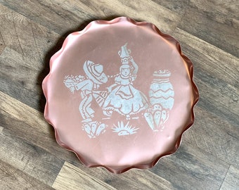 Mid century pink anodized aluminum tray, Mexican pattern w/ ruffle rim, large 17 1/2" wide