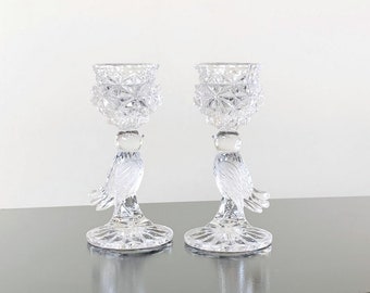 Pair Hofbauer Crystal Byrdes candlesticks, figural glass bird candle holders