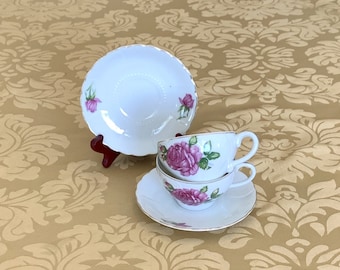 Nippon Yoko Boeki teacups & saucers, red rose pattern, set of 2, vintage Japan tea cups