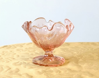 Tiffin Franciscan 310 pink glass footed bowl, etched floral candy dish, ruffled rim