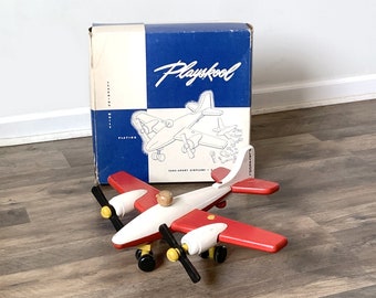 Playskool wooden 1950's Take Apart AIRPLANE, vintage mid century wood building toy in box