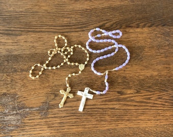 Vintage plastic rosaries tan beige and lavender & white, Catholic Christian jewelry, prayer beads, crucifix, children's