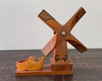 Wood windmill & wooden shoe toothpick holder