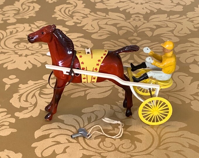 Quercetti Sulky Wind up Harness Race Horse & Jockey Toy, Vintage 1950's
