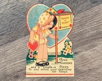 Deco Valentine greeting card, die cut movable head, "Penny A Peep"