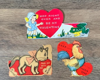 Deco Valentine's Day die cut cards, lot of 3, paper ephemera