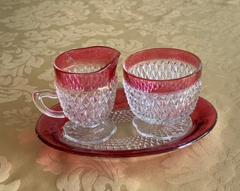 Indiana Glass ruby flash creamer & sugar set, diamond point pattern