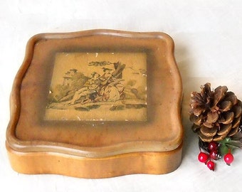 Wood dresser box, decoupage courting couple detached lid