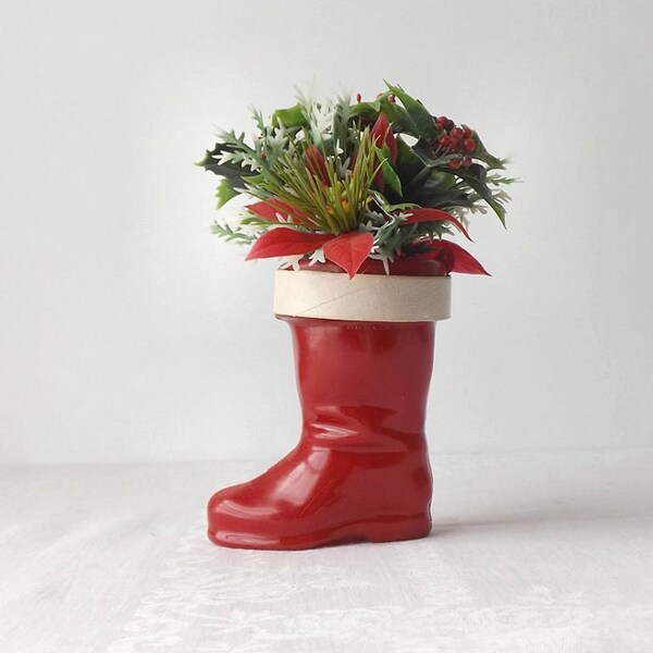 Red Plastic Santa Boot, Vintage Christmas Candy Container