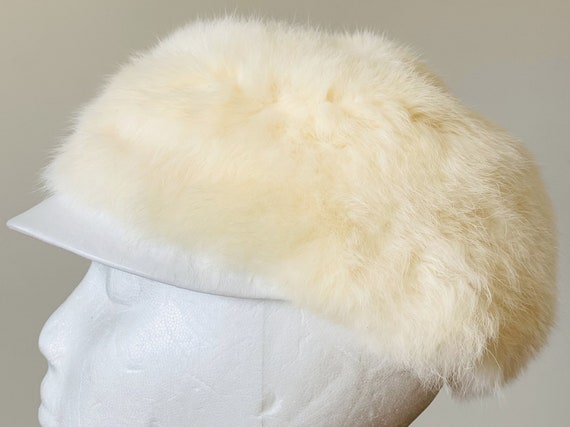 Mod white rabbit fur cap w/ leather brim in box, … - image 6