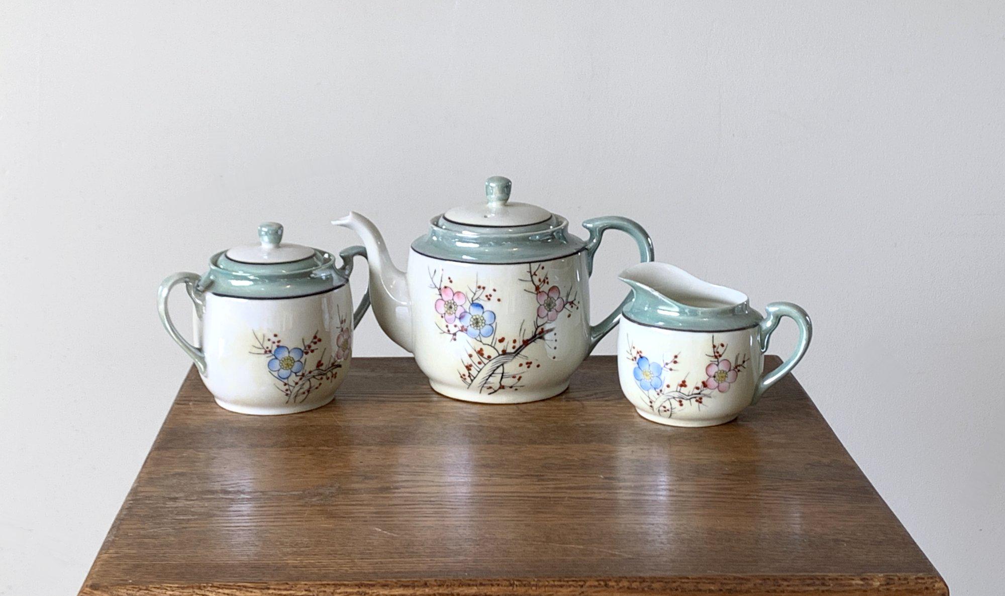 Japanese floral lusterware tea set, vintage teal band teapot creamer & sugar