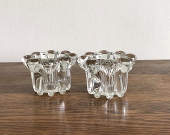 Vintage glass flower votive candle holders, KIG Indonesia, set of 2, clear crystal small candlesticks