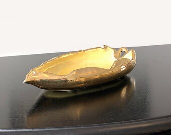 MCM ceramic yellow iridescent & gold leaf shaped dish, vintage catch all, relish tray