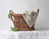 Retro Woven Wicker Basket with Wood Beads Brown Rattan Home Decor Cottage Chic Storage