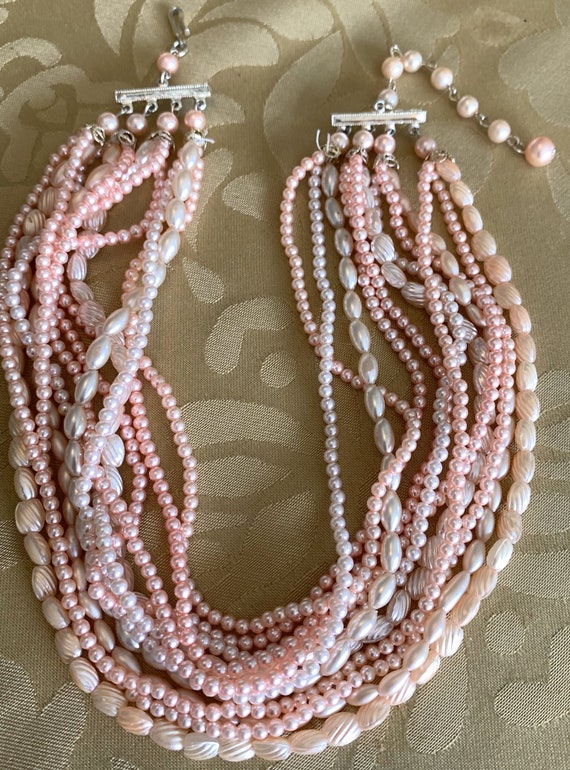 Pink & peach beaded multi-strand necklace, Japan - image 5