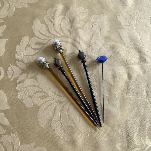 Hatpins hairpins lot of 5, vintage blown glass, plastic, pearl bead, rhinestones