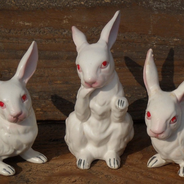 Vintage Napcoware Bunny Rabbit Set Porcelain 3 Pieces Easter White Pink Eyes