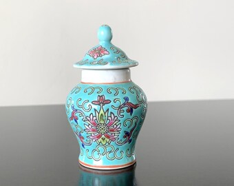 Vintage Chinese miniature pottery ginger jar, turquoise, Mun Shou Famille Rose