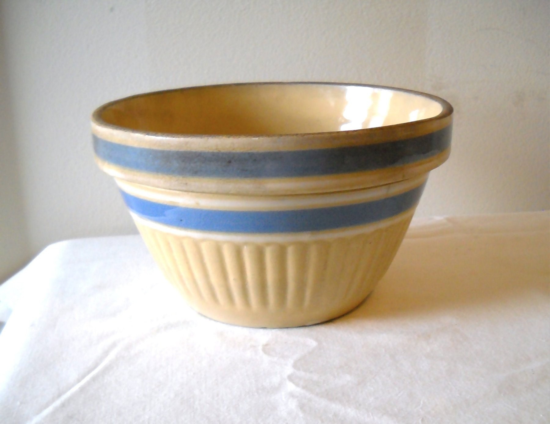Yellow Ware Bowl Blue White Stripes Antique Etsy