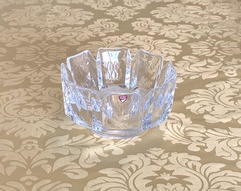 Orrefors Corona large crystal bowl, Lars Hellston design, Sweden modern art glass, vintage collectible glassware