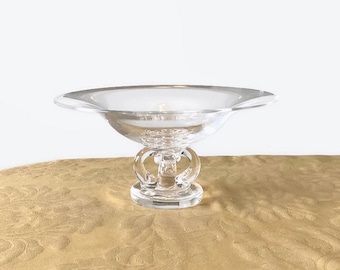 Steuben Glass pedestal fruit bowl, clear crystal compote w/ footed scroll base, 9 5/8" vintage table centerpiece, George Thompson